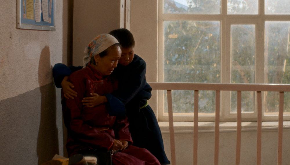 The boy comforts his grandmother